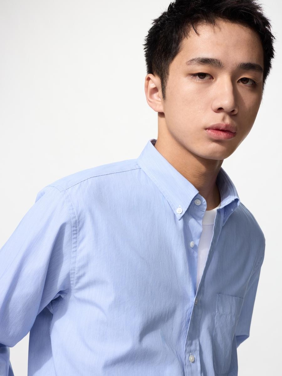 UNIQLO Men's Broadcloth Shirt Button Down Hairline Fabric, Blue,