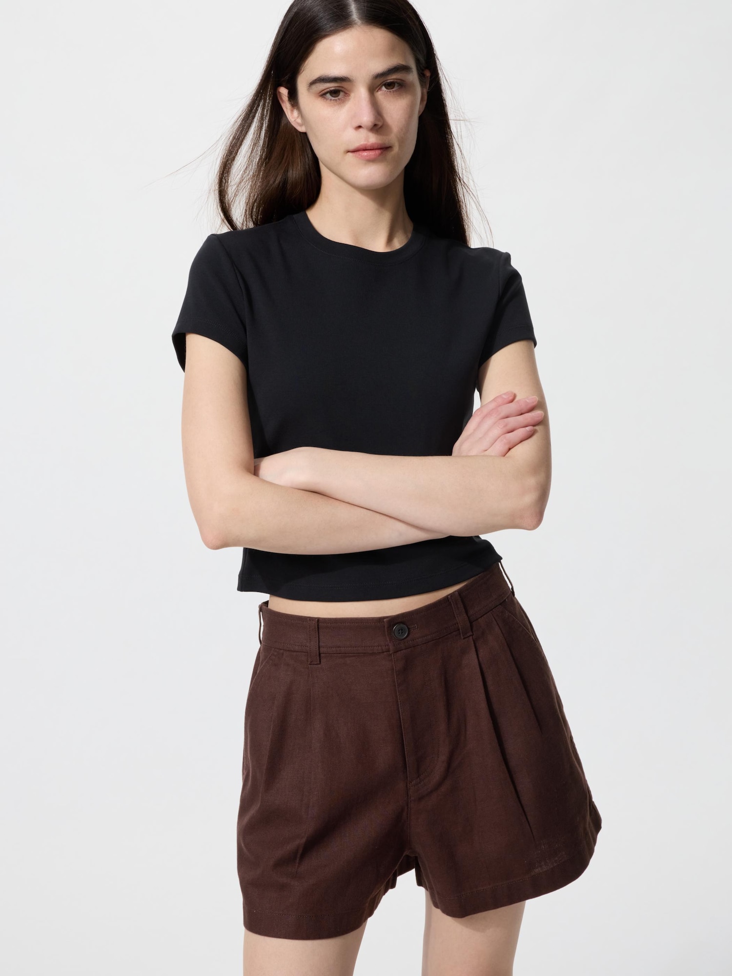 UNIQLO Women's Linen Cotton Shorts, Dark Brown,