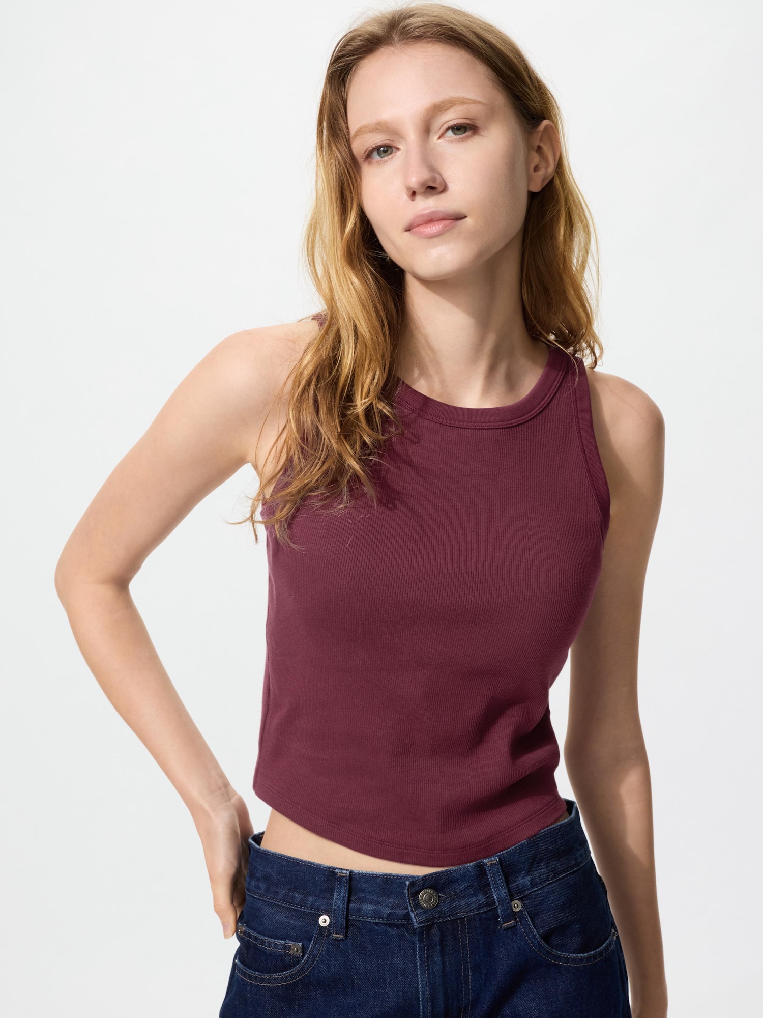 UNIQLO Women's Ribbed Cropped Bra Top, Wine