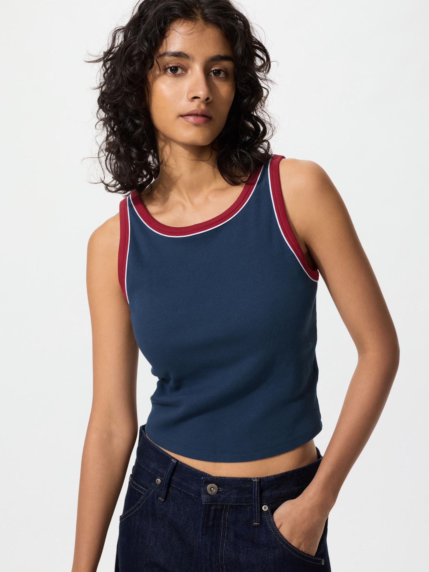 UNIQLO Women's Ribbed Cropped Bra Top Ringer, Navy
