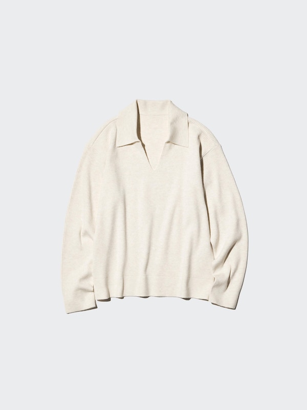 WASHABLE KNIT RIBBED POLO SWEATER
