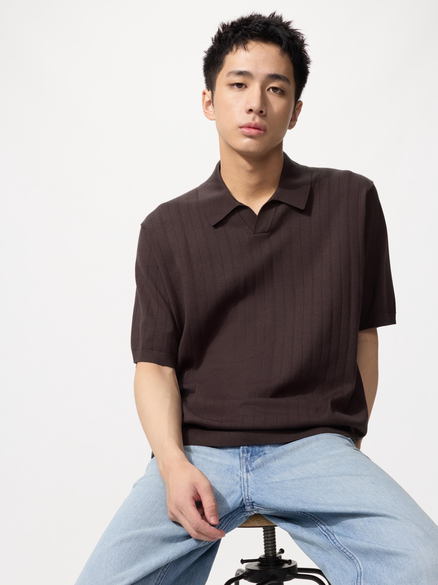 UNIQLO Men's Washable Knitted Skipper Polo Sweater, Dark Purple