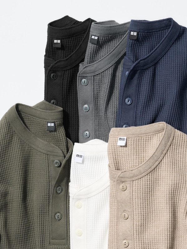 Waffle Henley Neck T-Shirt Long Sleeve