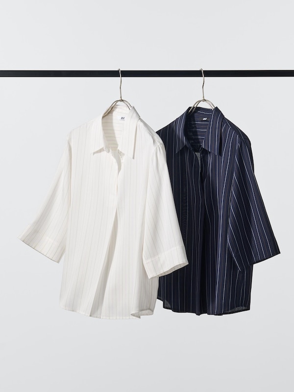 Rayon Skipper Collar 3/4 Sleeve Blouse | Striped