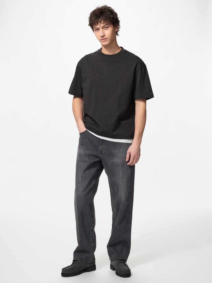 UNIQLO Men's Baggy Jeans, Dark Gray, 40 inch, 100% Cotton