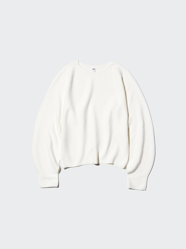 3D Knit Seamless Cotton Crew Neck Volume Sleeve Jumper