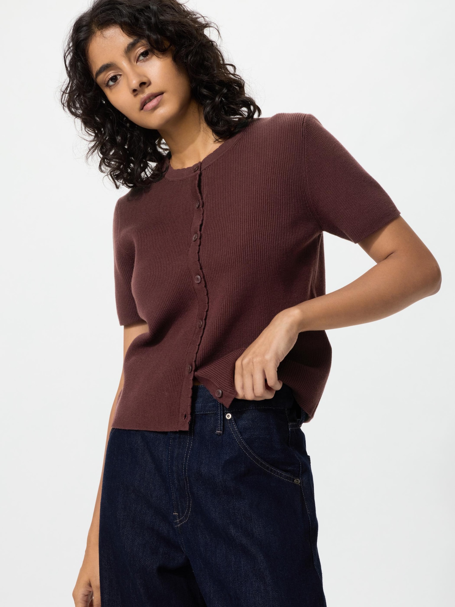 UNIQLO Women's Scalloped Cardigan, Dark Brown, Small