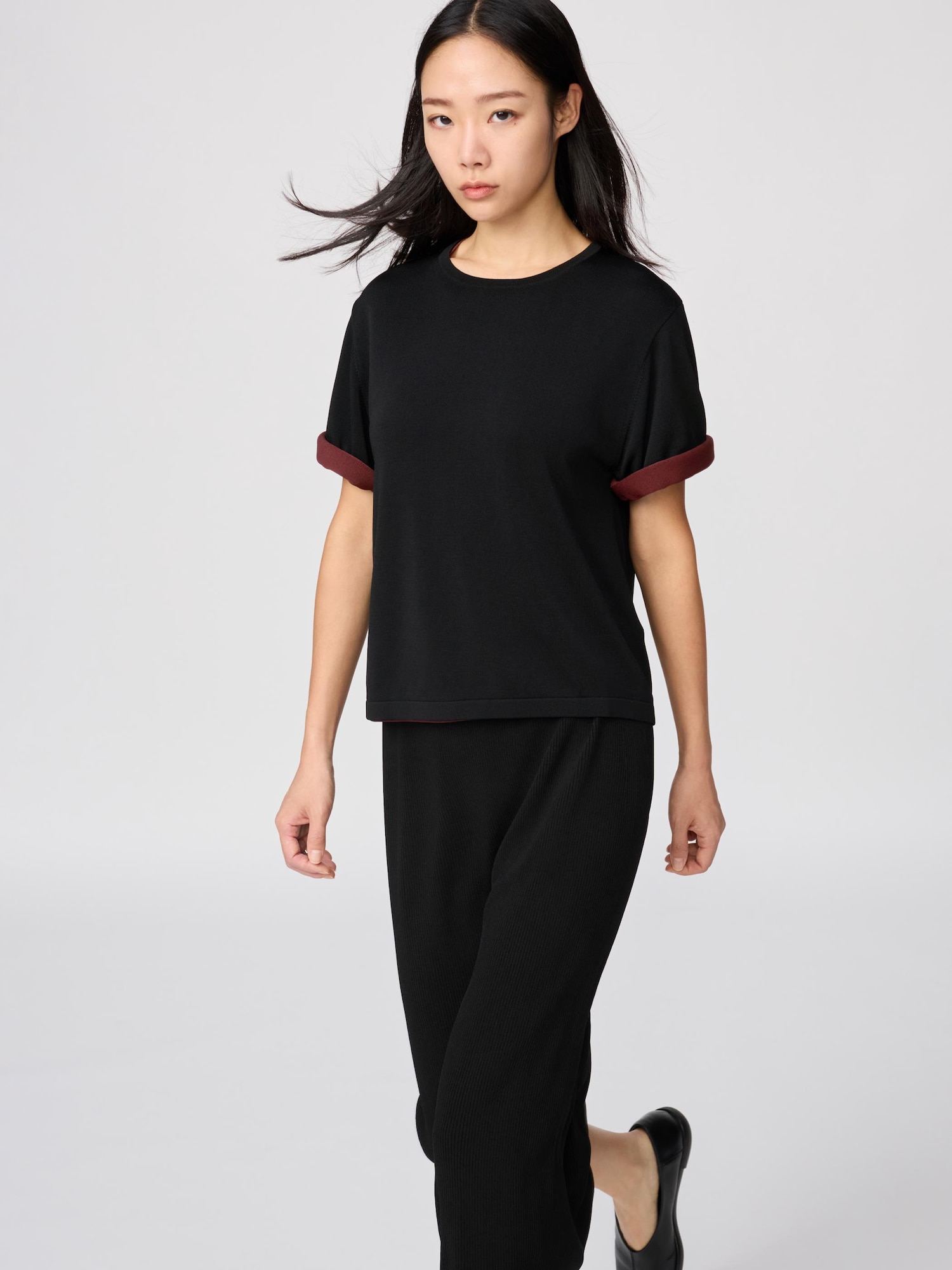 UNIQLO Women's Boxy Knitted T-Shirt, Black, Large