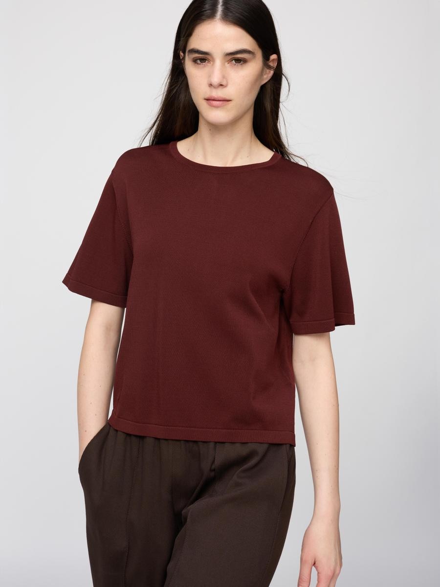 UNIQLO Women's Boxy Knitted T-Shirt, Dark Brown, 2