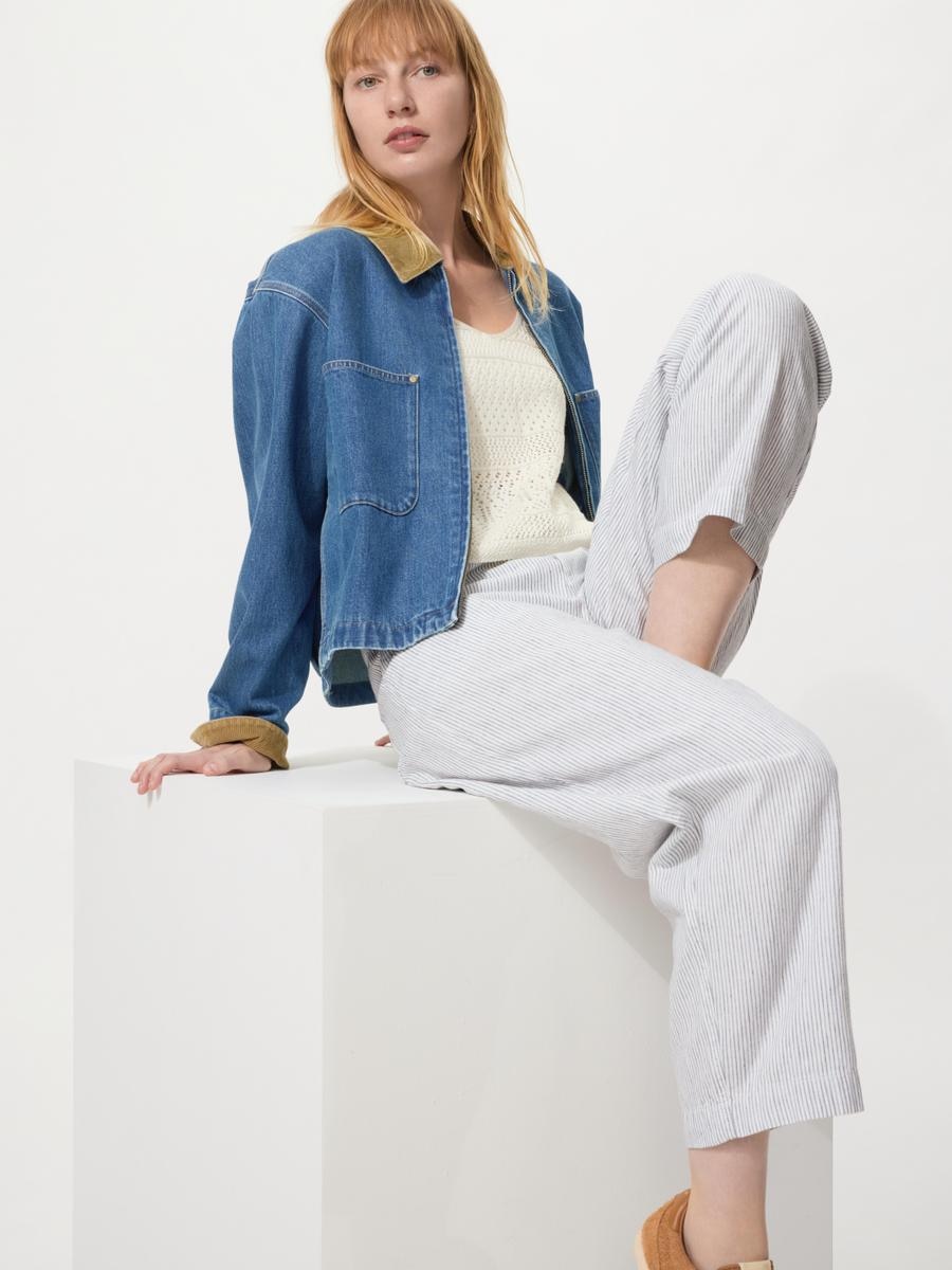 UNIQLO Women's Linen Cotton Tapered Pants Striped, White,