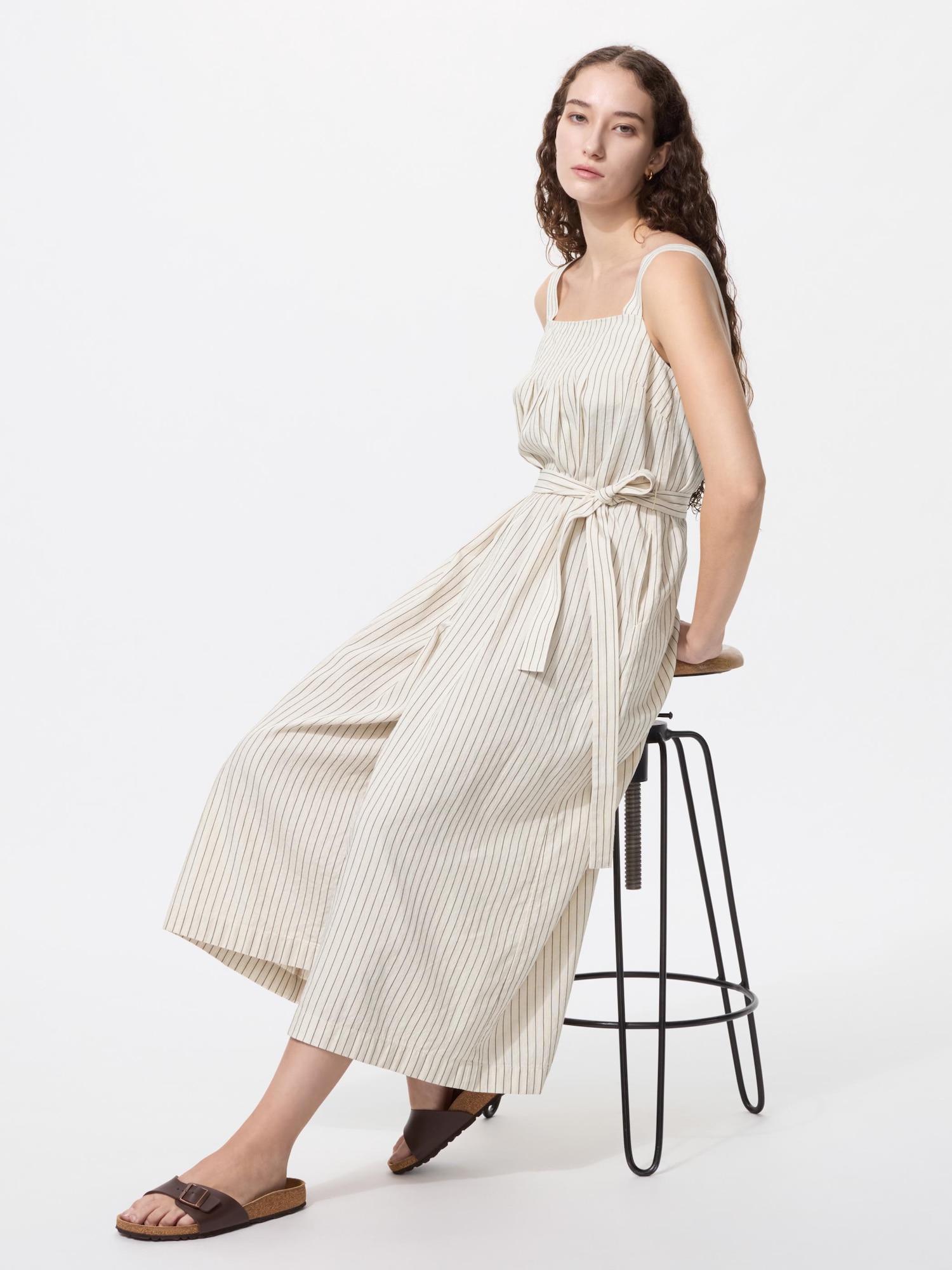 UNIQLO Women's Linen Blend Tucked Jumpsuit Striped, Natural, Large