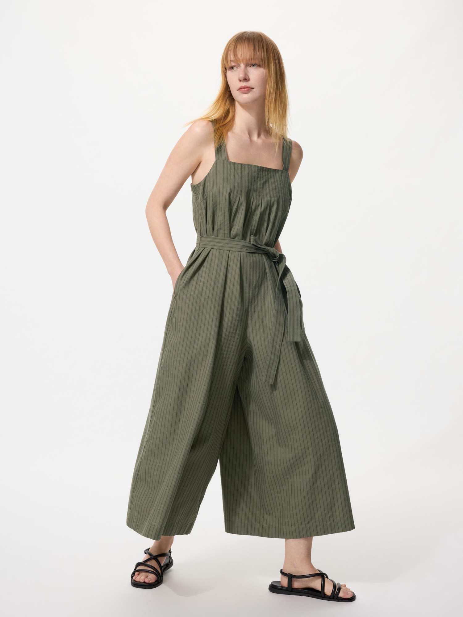 UNIQLO Women's Linen Blend Tucked Jumpsuit Striped, Olive, Large