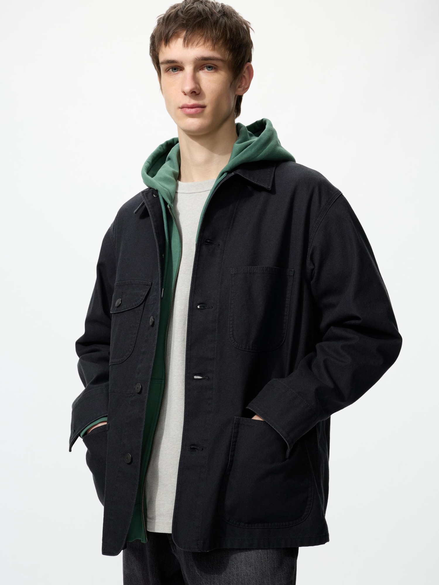 UNIQLO Men's Utility Jacket, Black, Medium, 100% Cotton