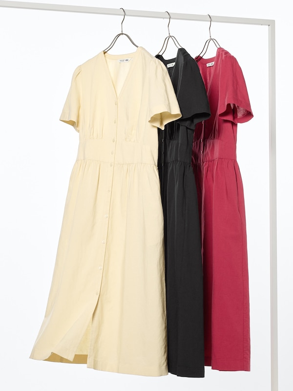 Linen Blend V-Neck Dress | Short Sleeve