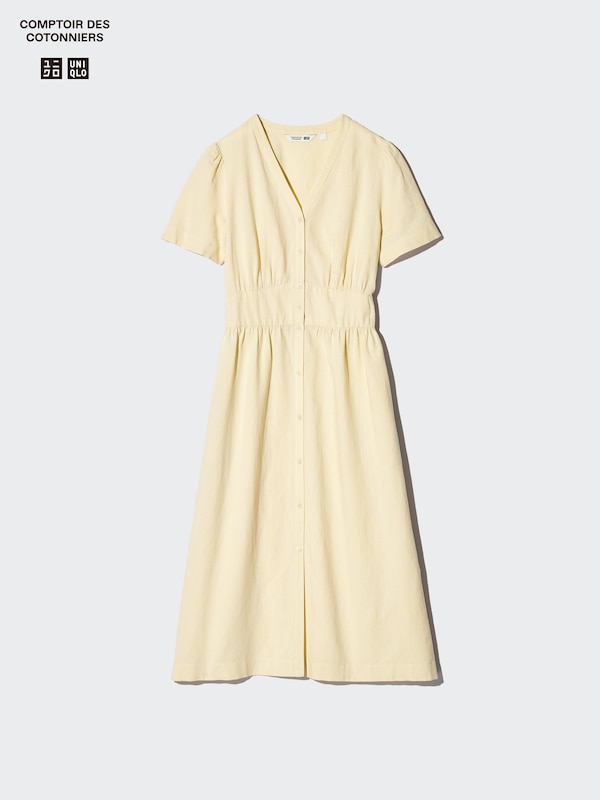 Linen Blend V-Neck Dress | Short Sleeve
