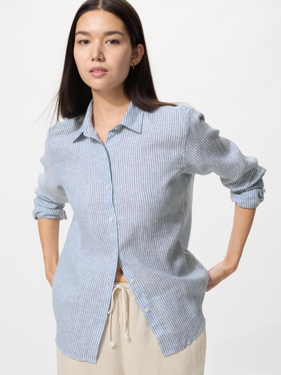 UNIQLO Women's Premium Linen Shirt Striped, Blue, Medium, 100% Linen