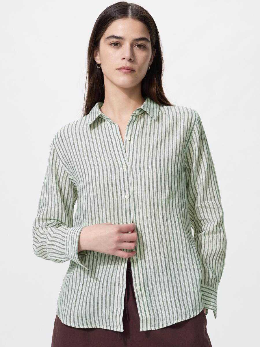 UNIQLO Women's Premium Linen Shirt Striped, Gray,