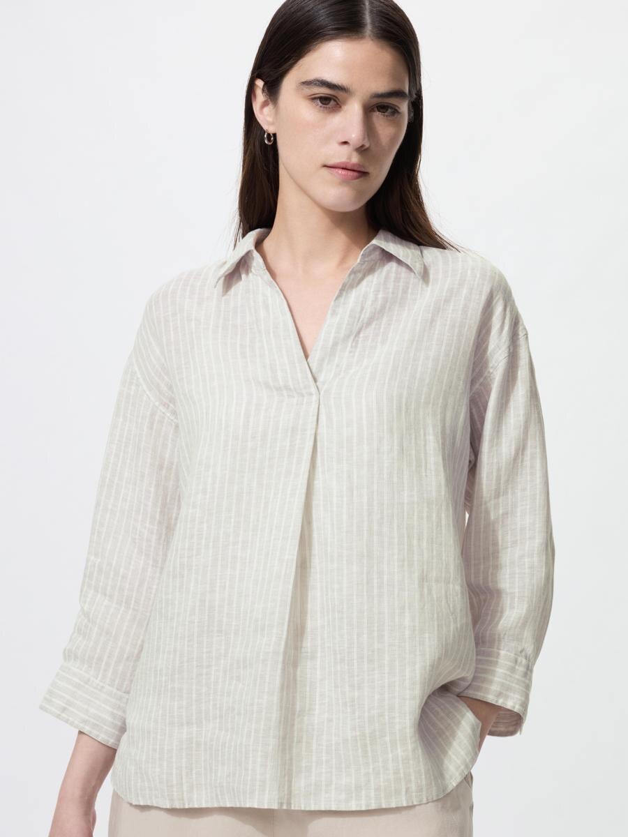 UNIQLO Women's Premium Linen Skipper Collar 3/4 Sleeve Shirt Striped, Beige,