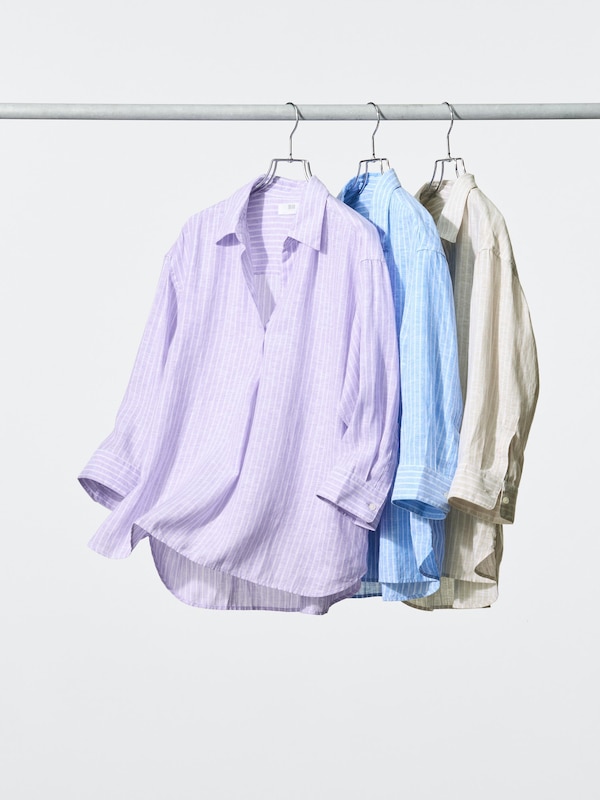100% Premium Linen Skipper Collar Shirt (3/4 Sleeve, Striped)