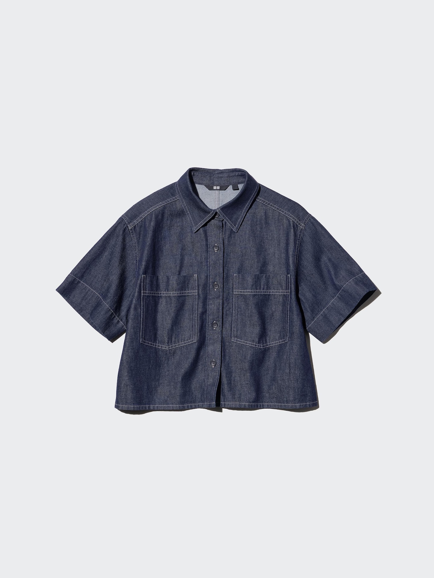 Женская джинсовая рубашка Uniqlo Boxy с рукавом до локтя, цвет: Чёрный — фото 3