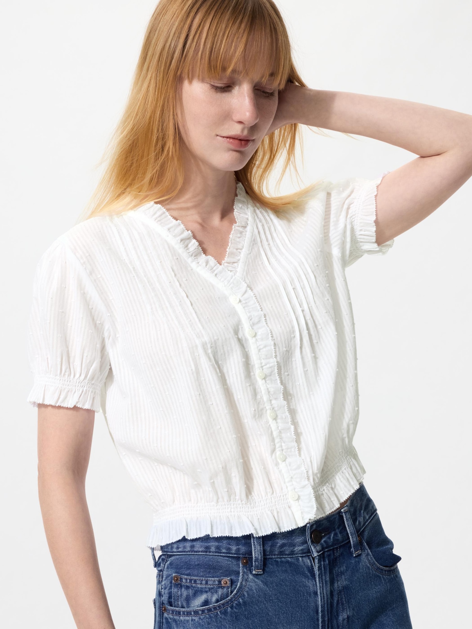 UNIQLO Women's Cotton Dobby V-Neck Blouse, White, Small, 100% Cotton