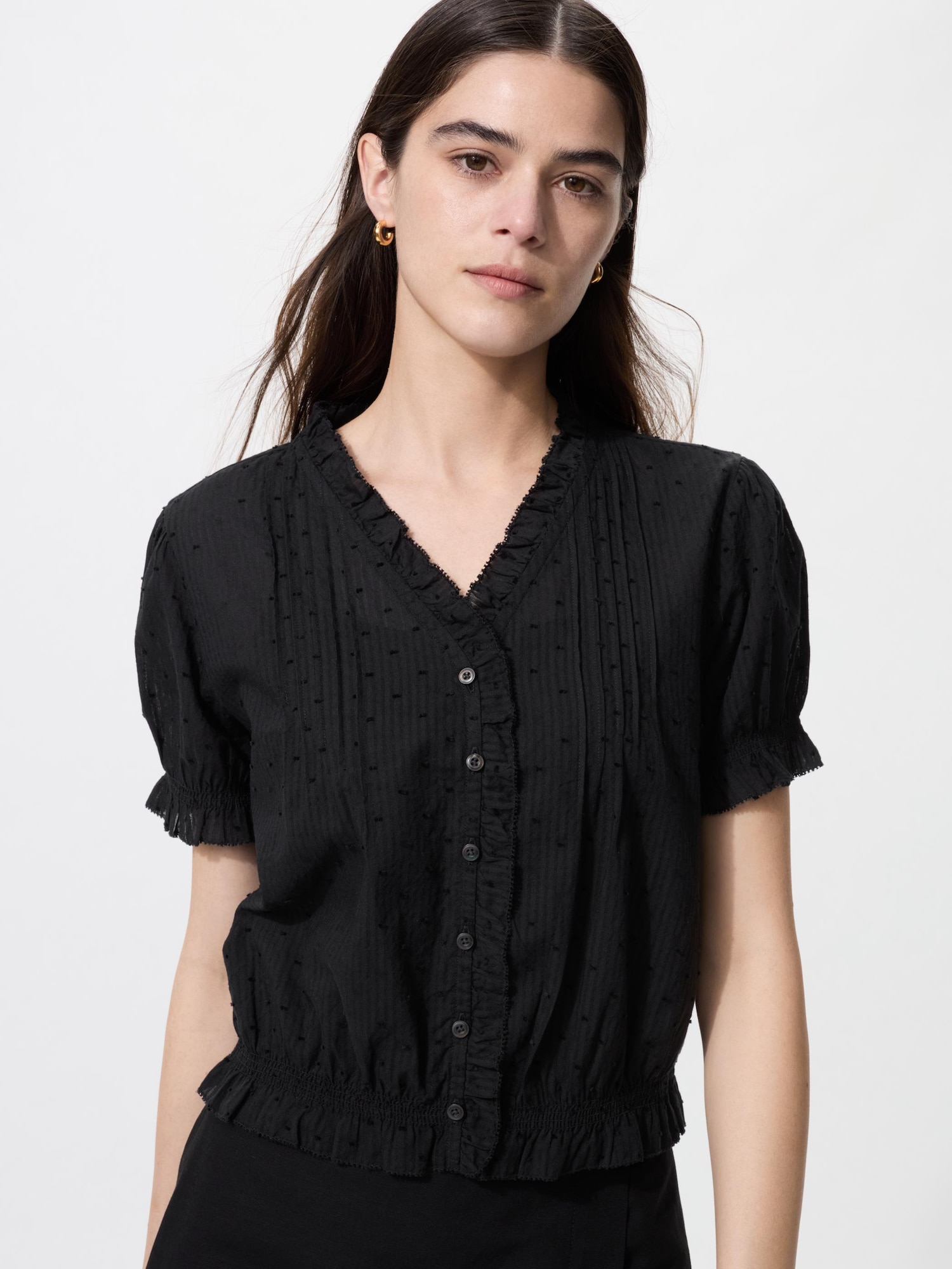 UNIQLO Women's Cotton Dobby V-Neck Blouse, Black