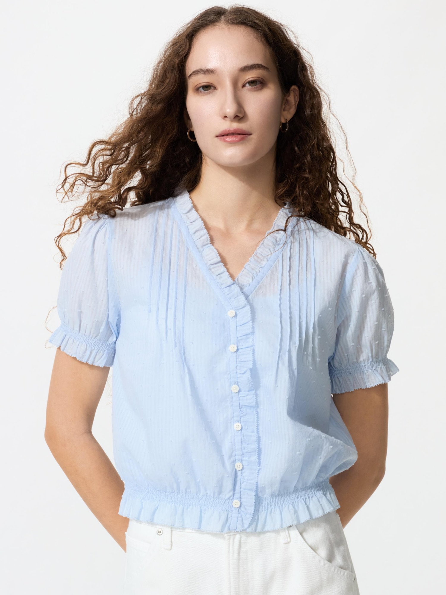 UNIQLO Women's Cotton Dobby V-Neck Blouse, Light Blue