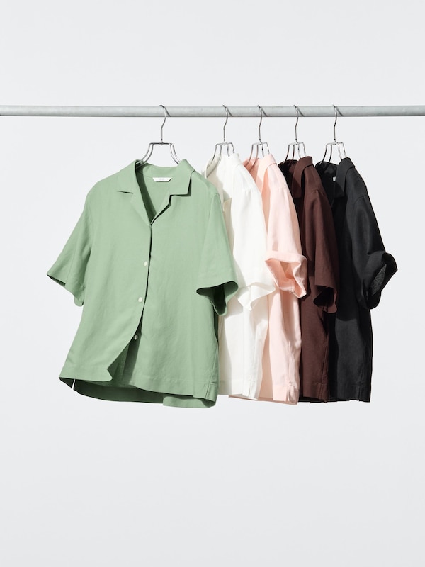 Linen Blend Open Collar Shirt (Short Sleeve)