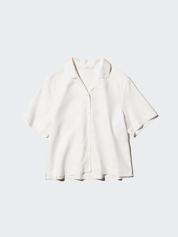 Linen Blend Open Collar Shirt | Short Sleeve