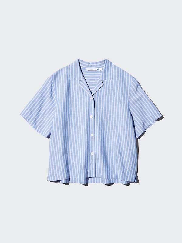 Linen Blend Open Collar Shirt | Short Sleeve | Striped