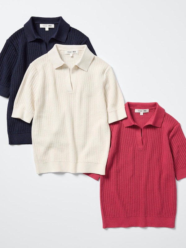 Cotton Pointelle Skipper Polo Sweater