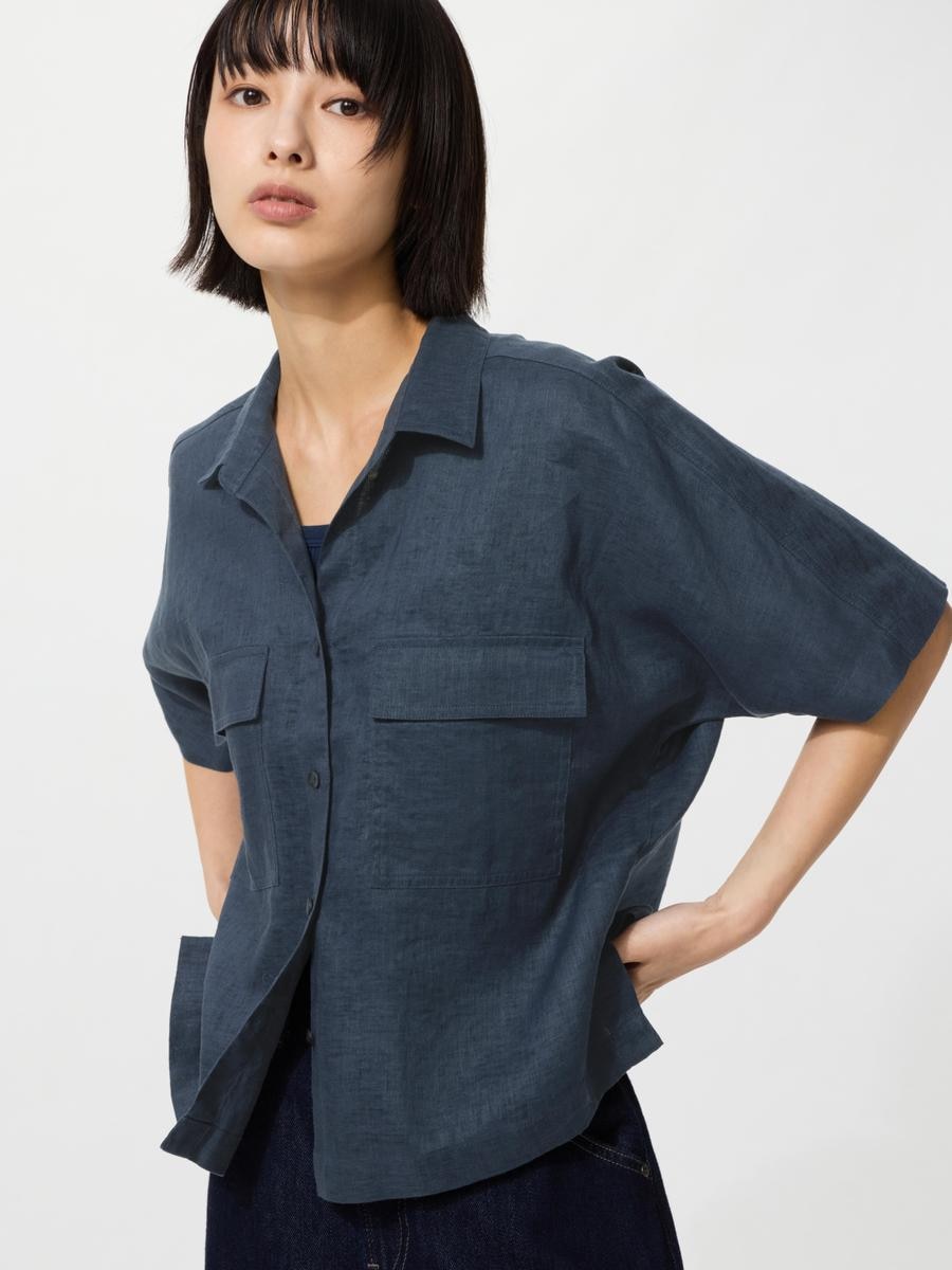 UNIQLO Women's Premium Linen Skipper Boxy Shirt Short Sleeve, Navy, Large, 100% Linen