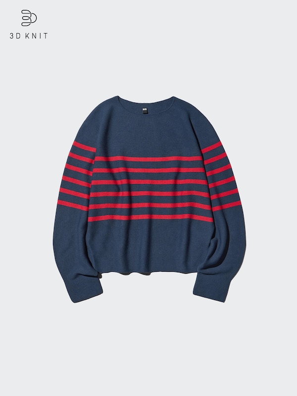 3D Knit Seamless Crew Neck Jumper (Volume Sleeve, Stripe)