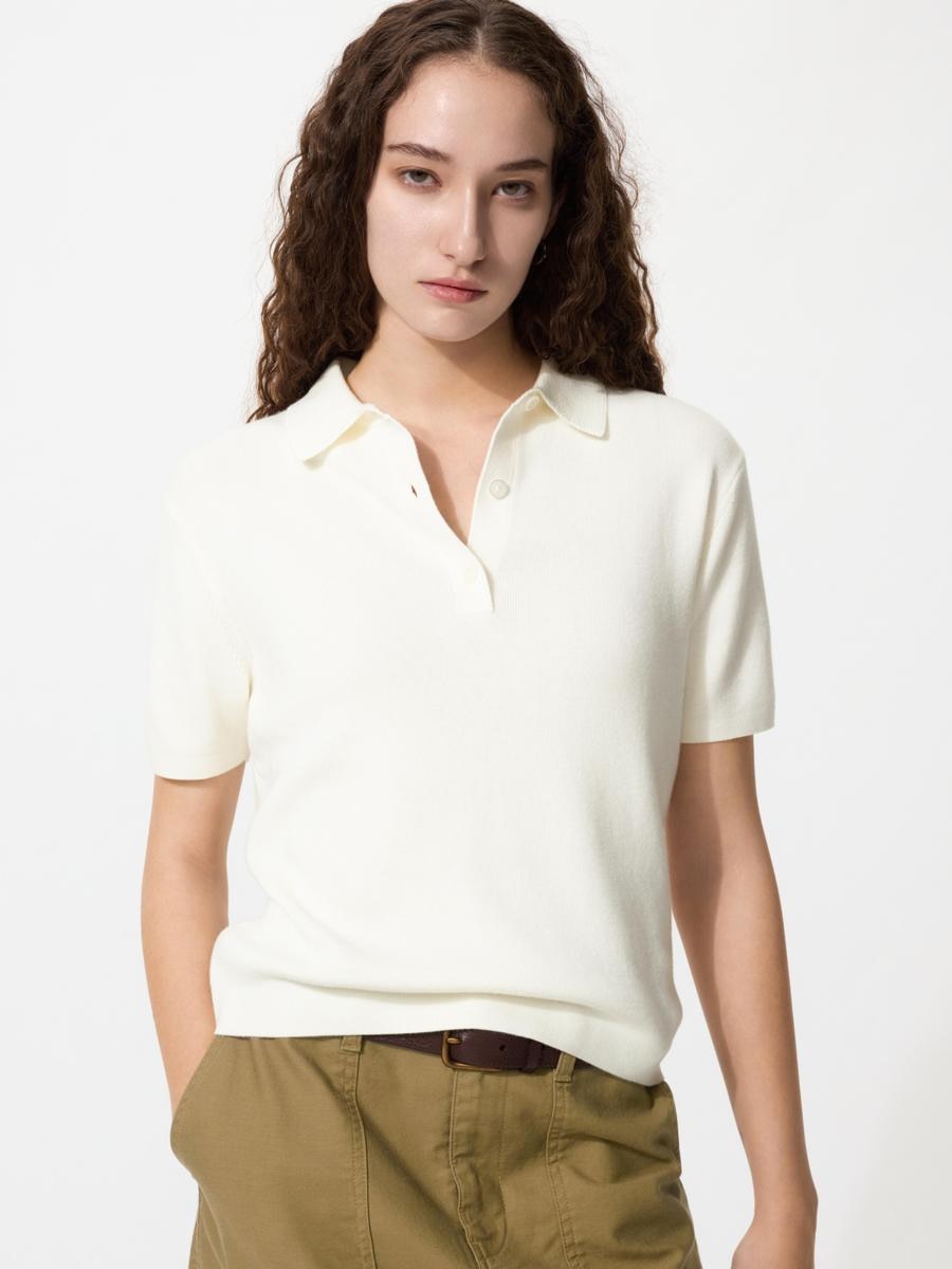 UNIQLO Women's Polo Short Sleeve Sweater, Off White, Large
