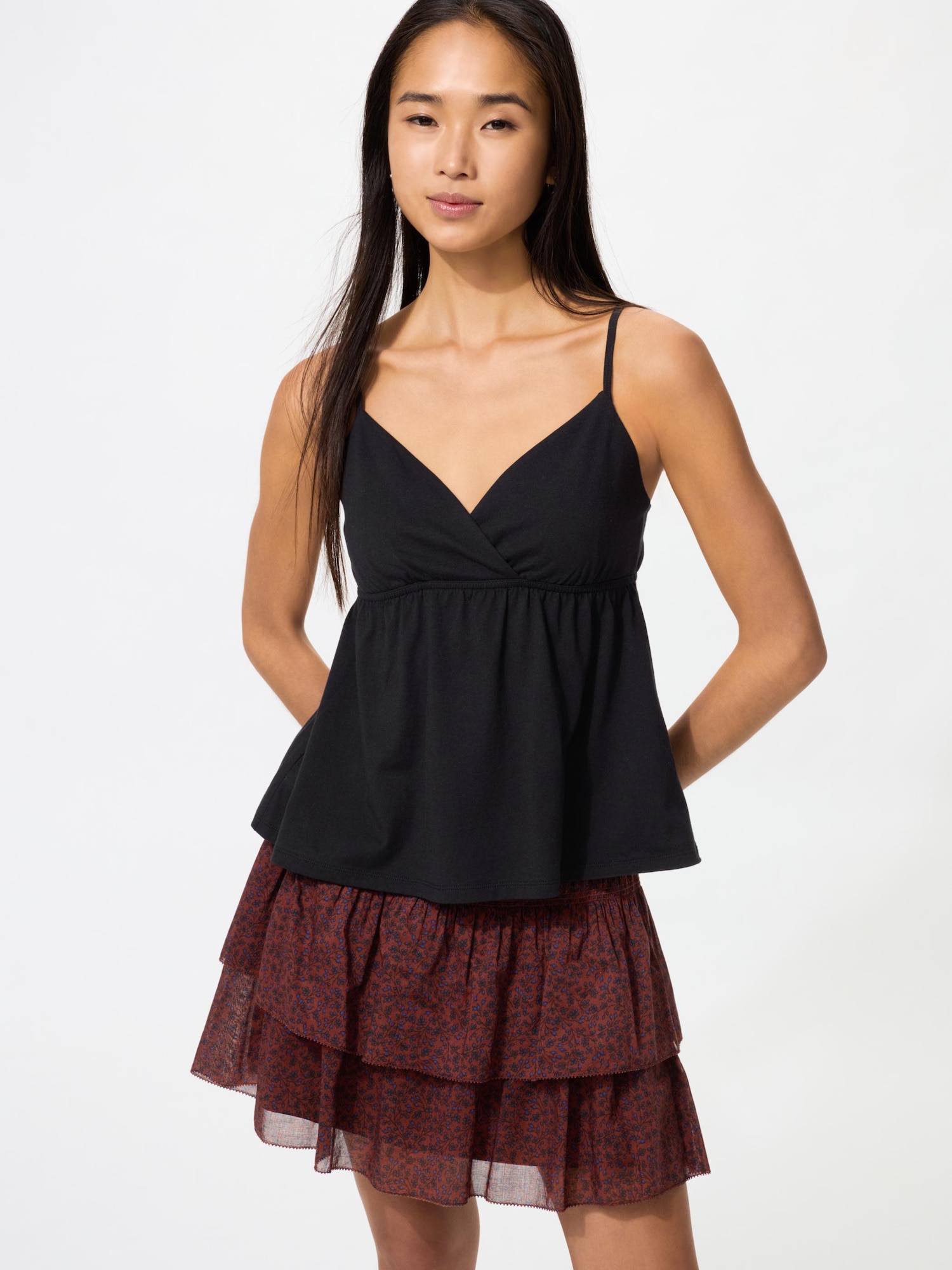 UNIQLO Women's Shirring Volume Frill Mini Skirt, Dark Brown