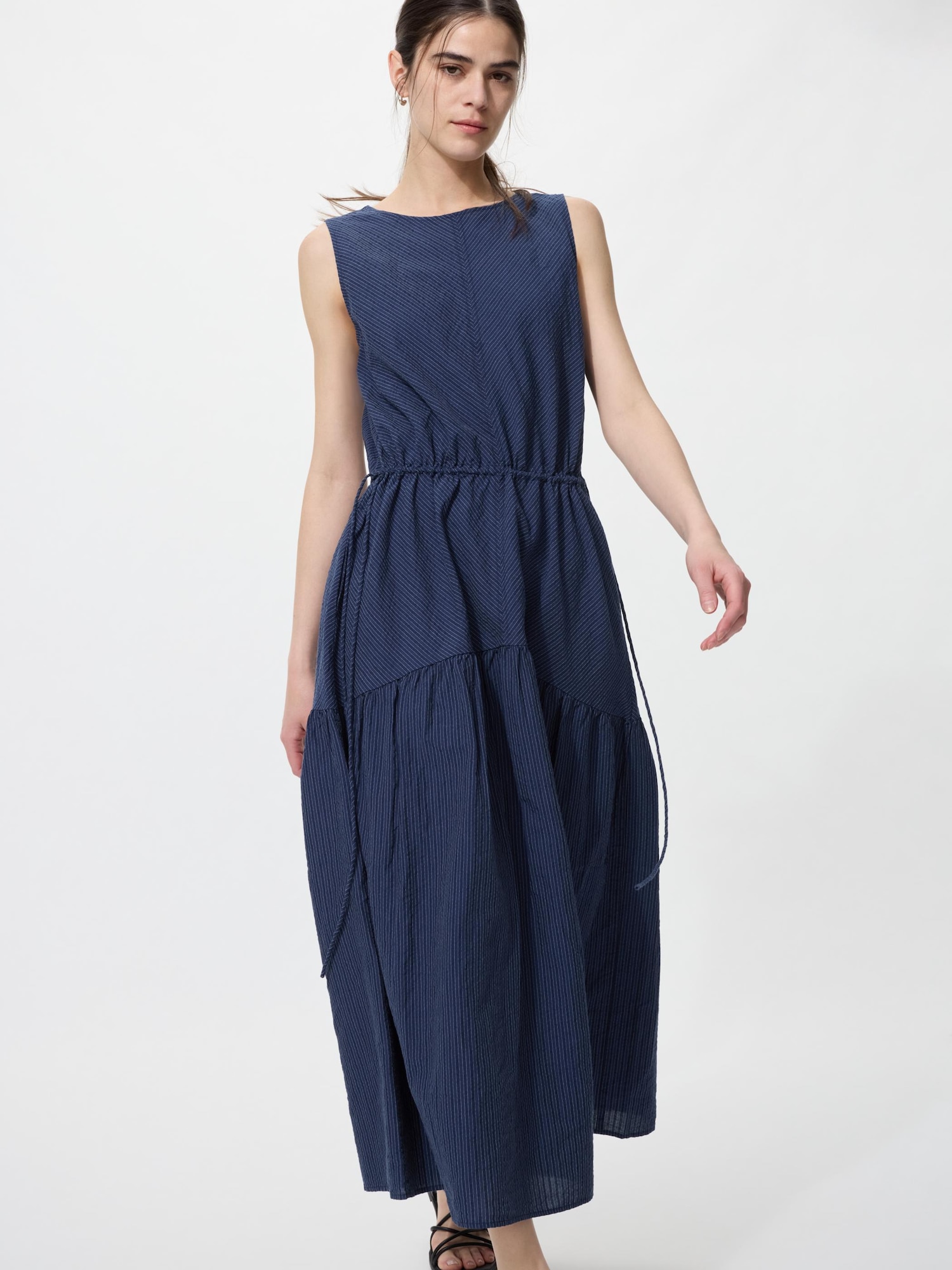 UNIQLO Women's Linen Blend Tiered Dress Stripe, Navy