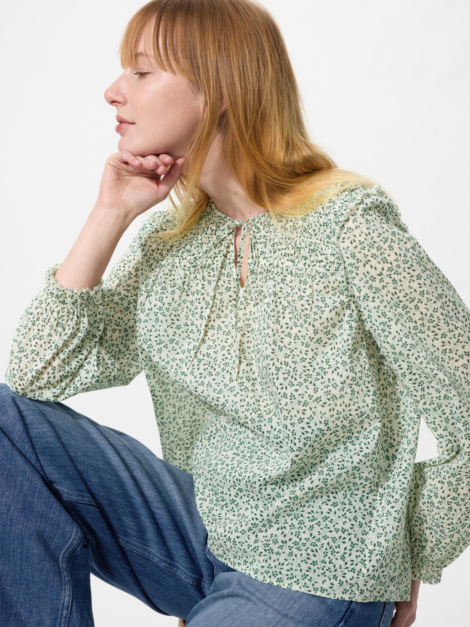 UNIQLO Women's Light Cotton Shirring Blouse Print, Green