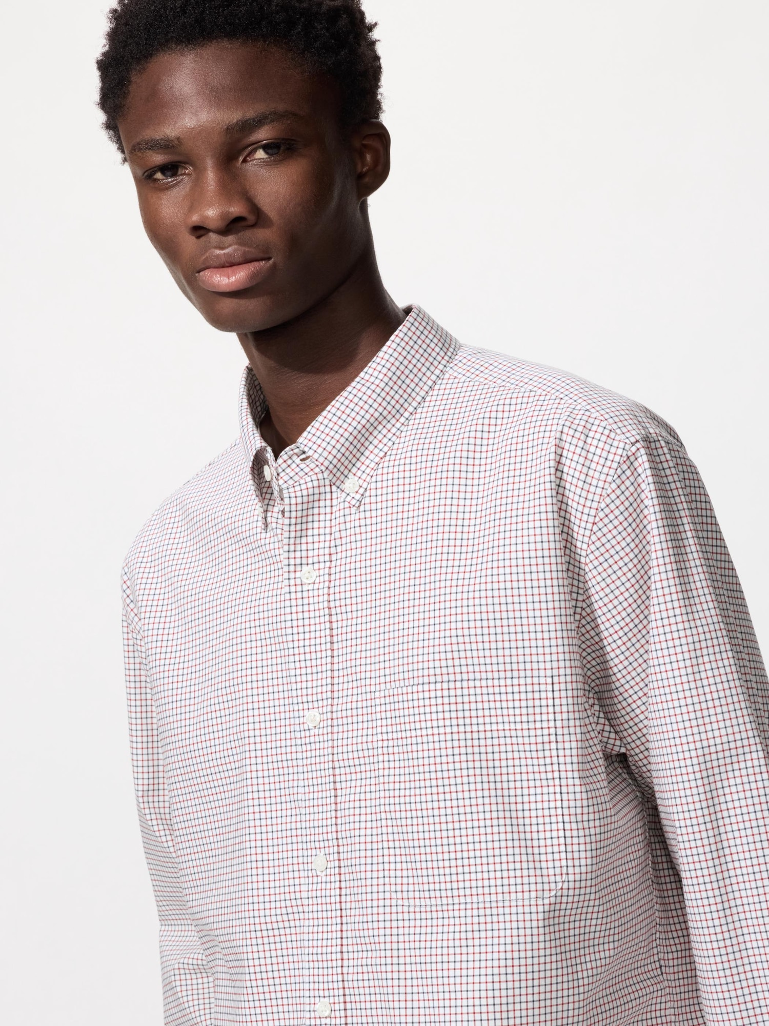 UNIQLO Men's Broadcloth Shirt Button Down Checked, Red, Large, 100% Cotton