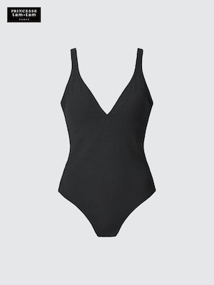 Textured V Neck Padded One Piece Swimsuit