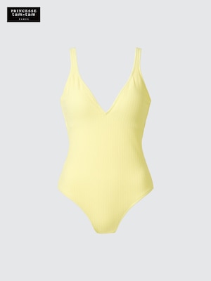 Textured V Neck Padded One Piece Swimsuit