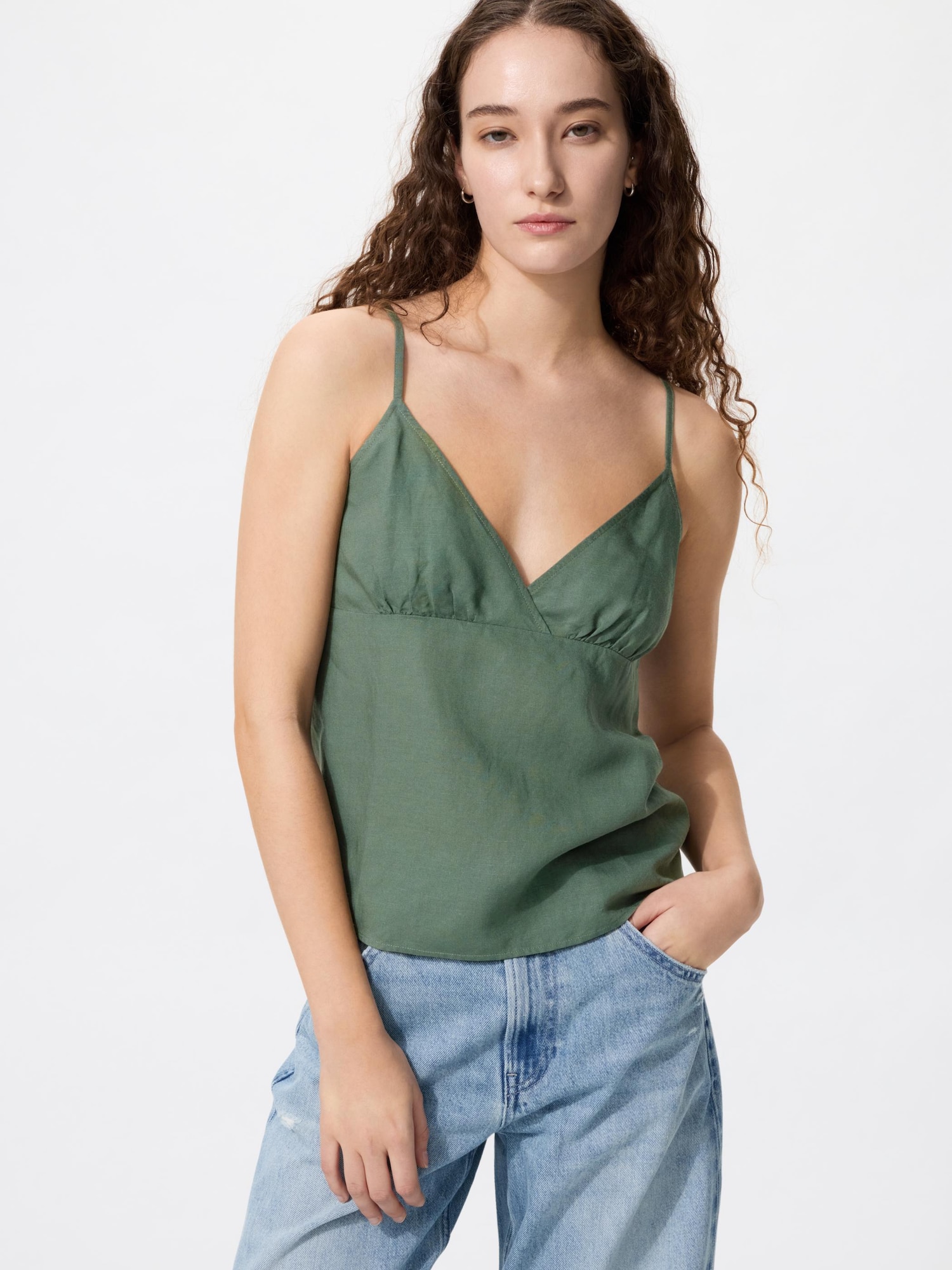 UNIQLO Women's Linen Blend Camisole, Dark Green, 2