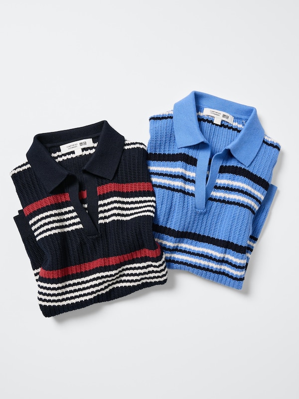 Cotton Pointelle Skipper Polo Sweater | Striped