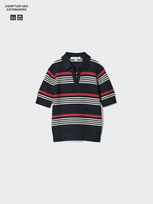 Cotton Pointelle Skipper Polo Sweater | Striped