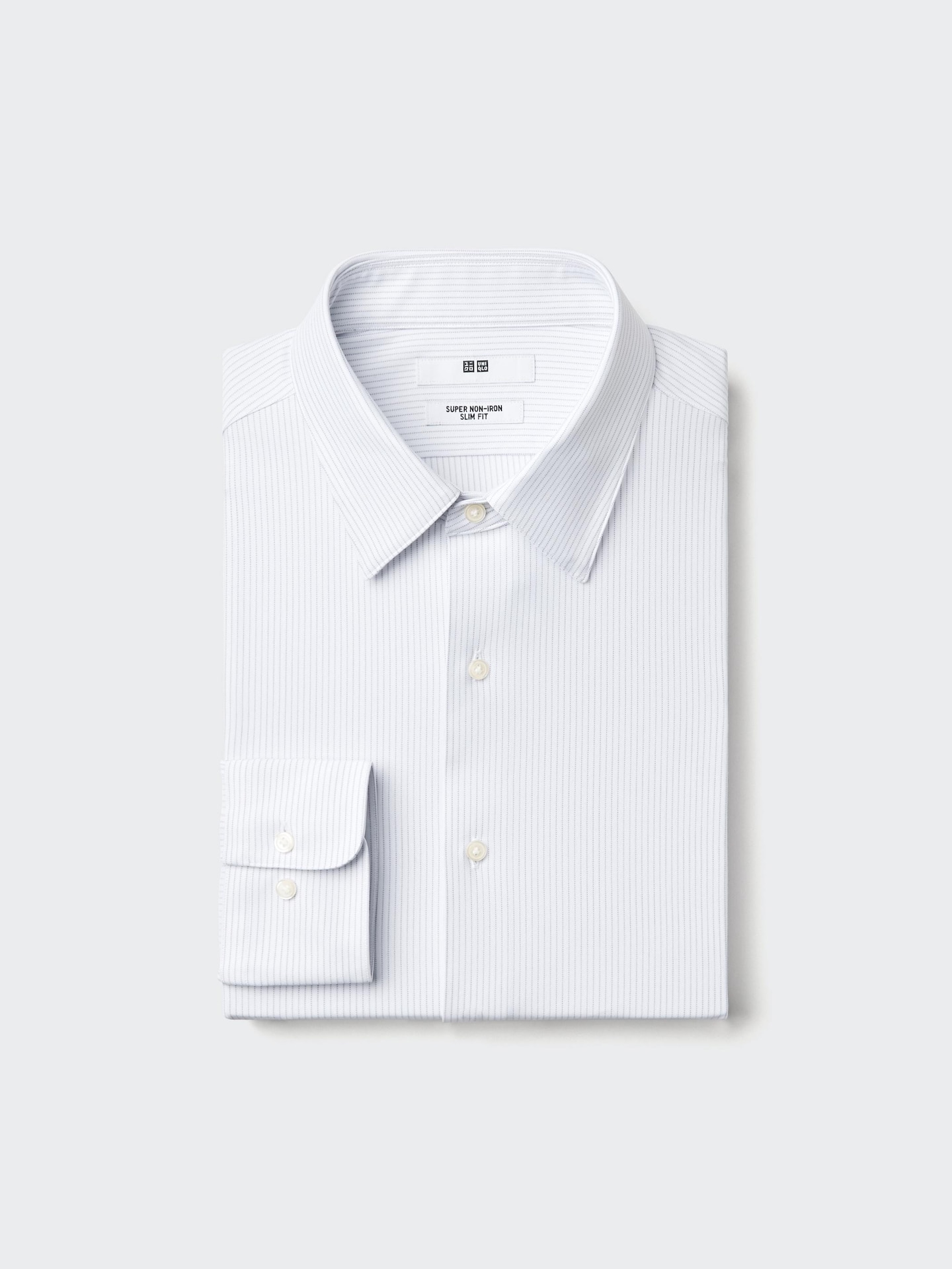 Мужская приталенная рубашка Uniqlo Super Non-Iron из джерси, обычный воротник, в полоску, цвет: Светлый серый — фото 1
