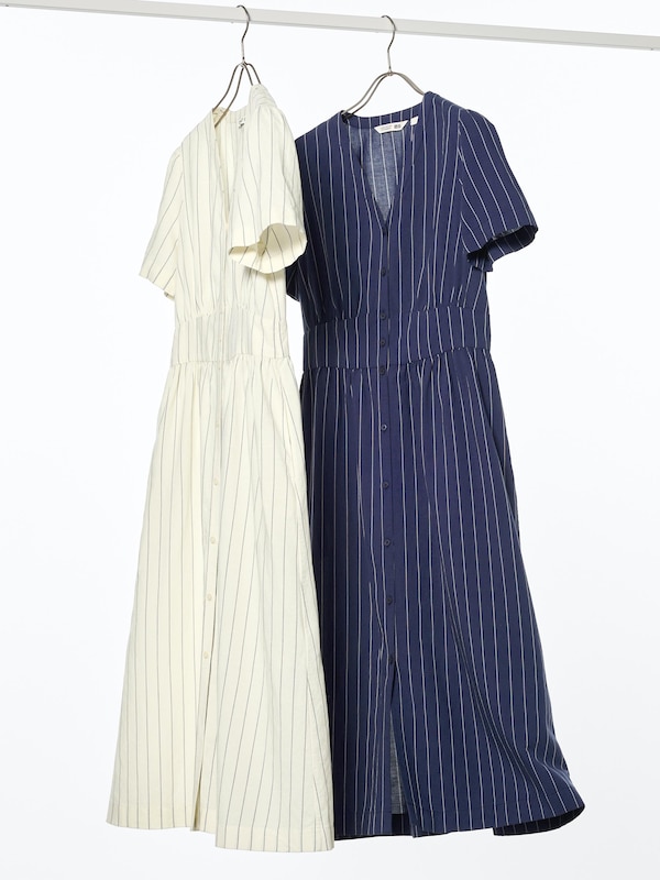 Linen Blend V-Neck Dress | Striped