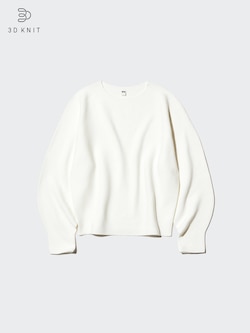 3D Knit Cotton Crew Neck Volume Sleeve Sweater