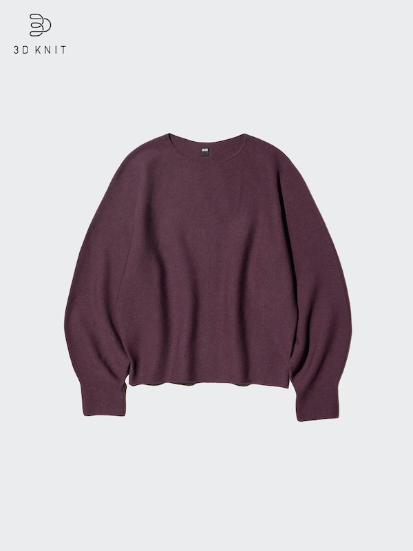 3D Knit Seamless Cotton Crew Neck Volume Sleeve Jumper