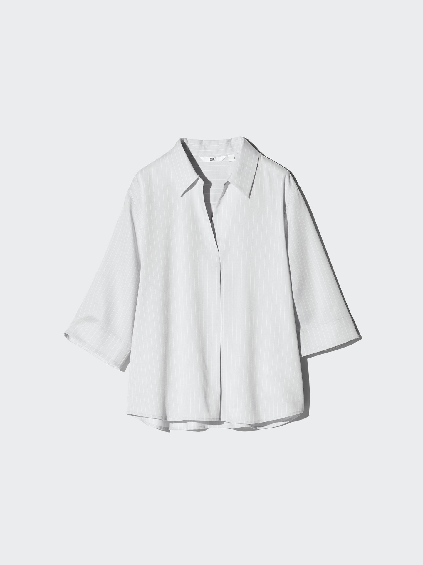 Женская блуза Uniqlo из вискозы с воротником Skipper, рукав 3/4, в полоску, цвет: Светлый серый — фото 5