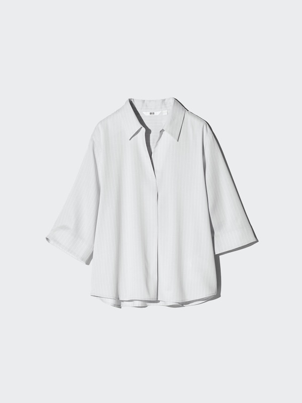 Rayon Skipper Collar Blouse (3/4 Sleeve, Striped)