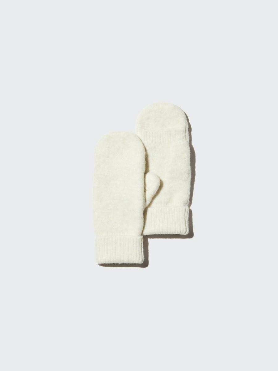 UNIQLO Women's HEATTECH Lined Mittens Souffle Yarn, Off White, Medium